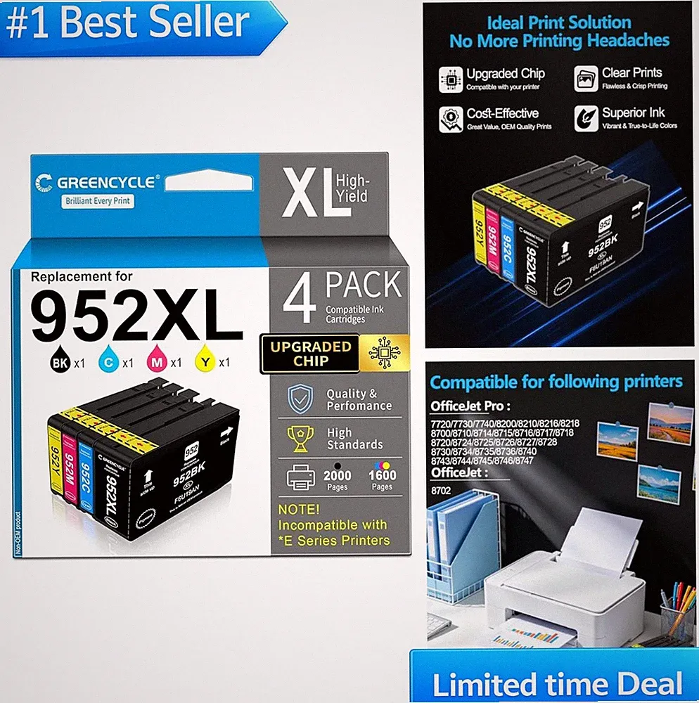 952XL Ink Cartridges Combo Pack 4 Pack High Yield Black Color For HP OfficeJet